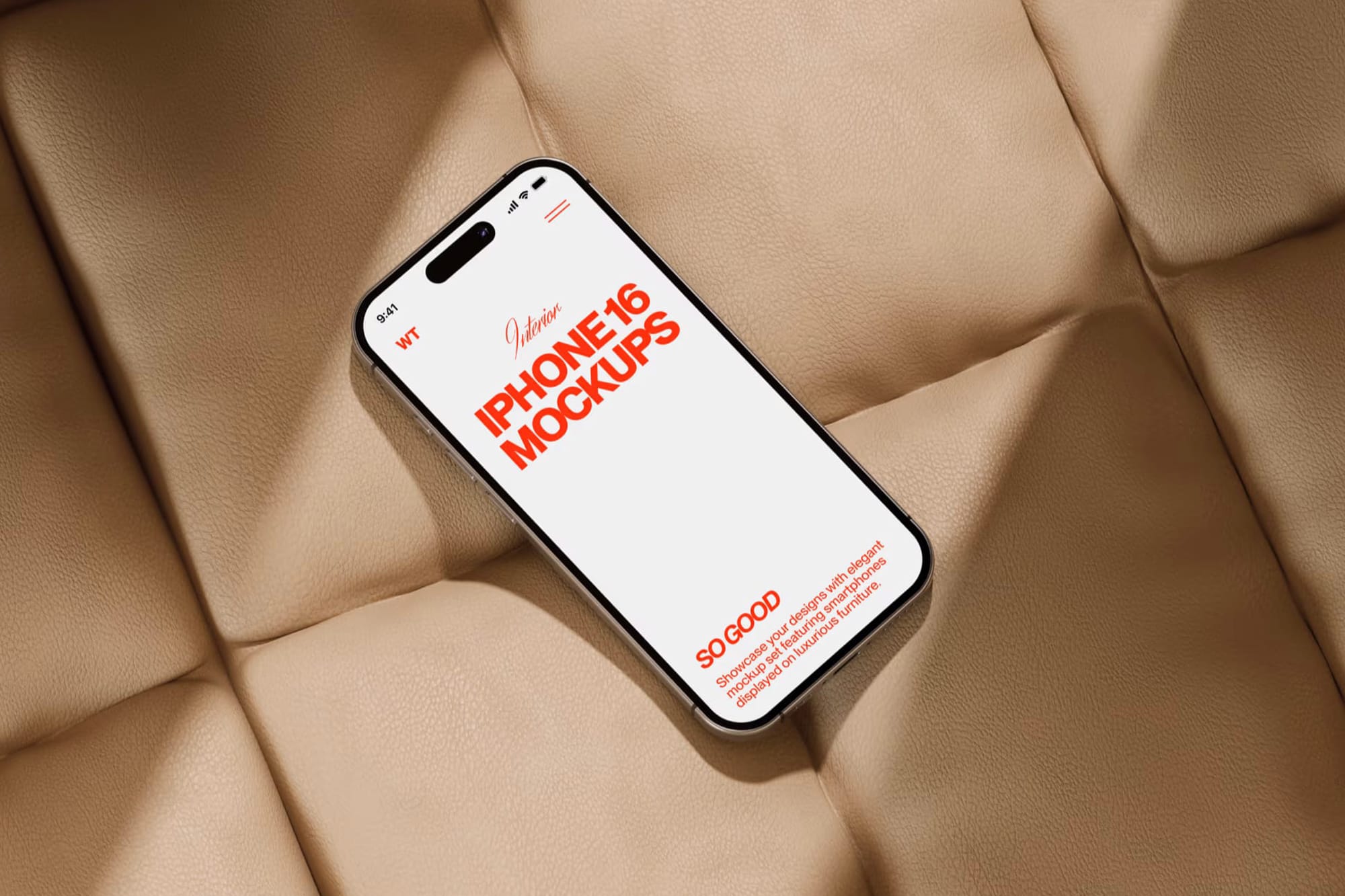 iPhone mockup on leather sofa