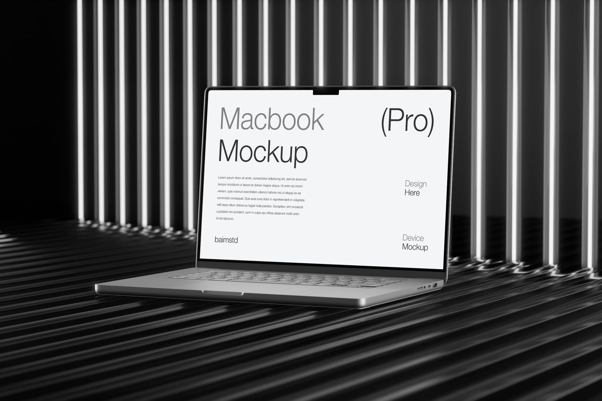 MacBook Mockup on a Dark Striped Metallic Surface Background