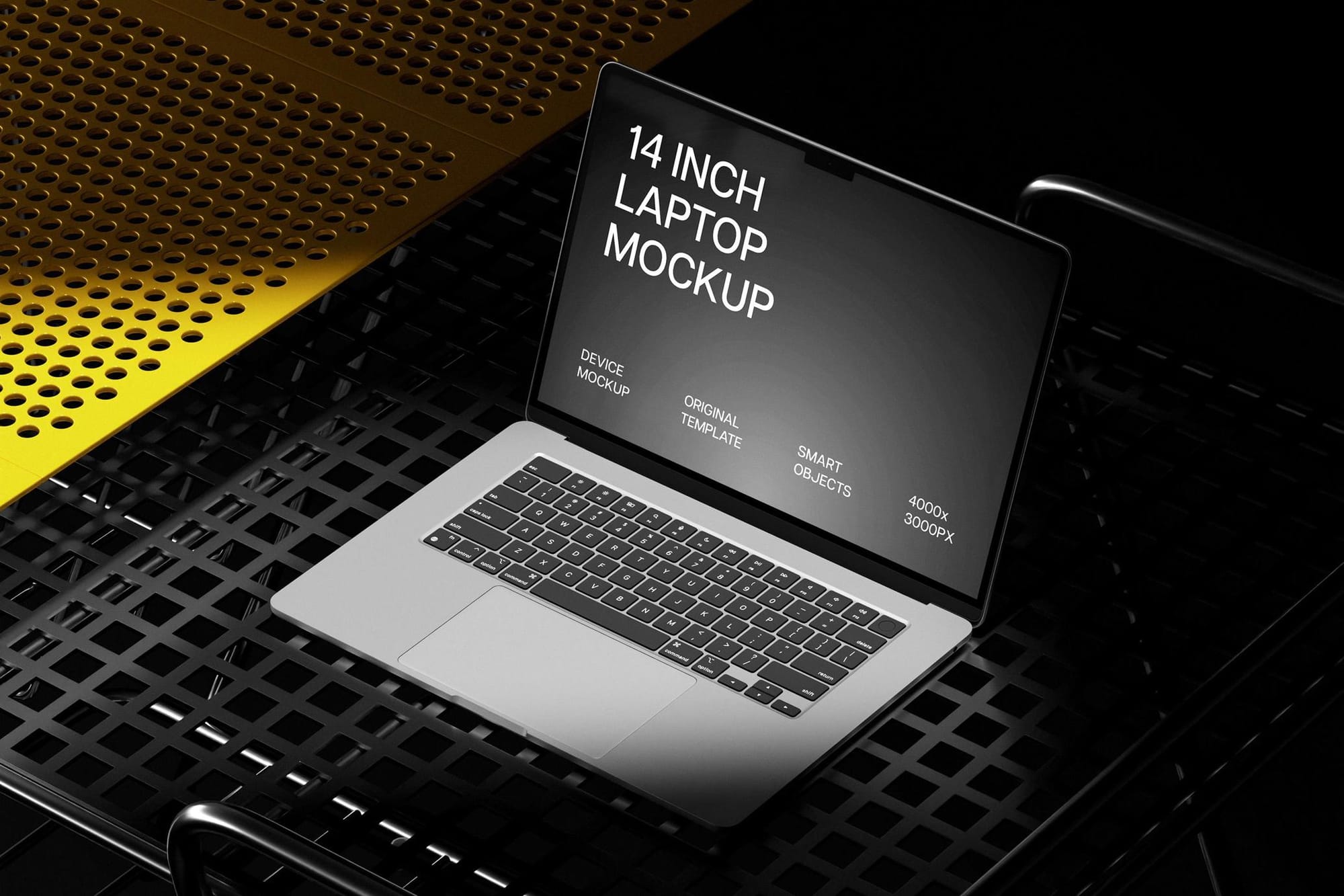 Overhead MacBook Mockup on Metal Grid