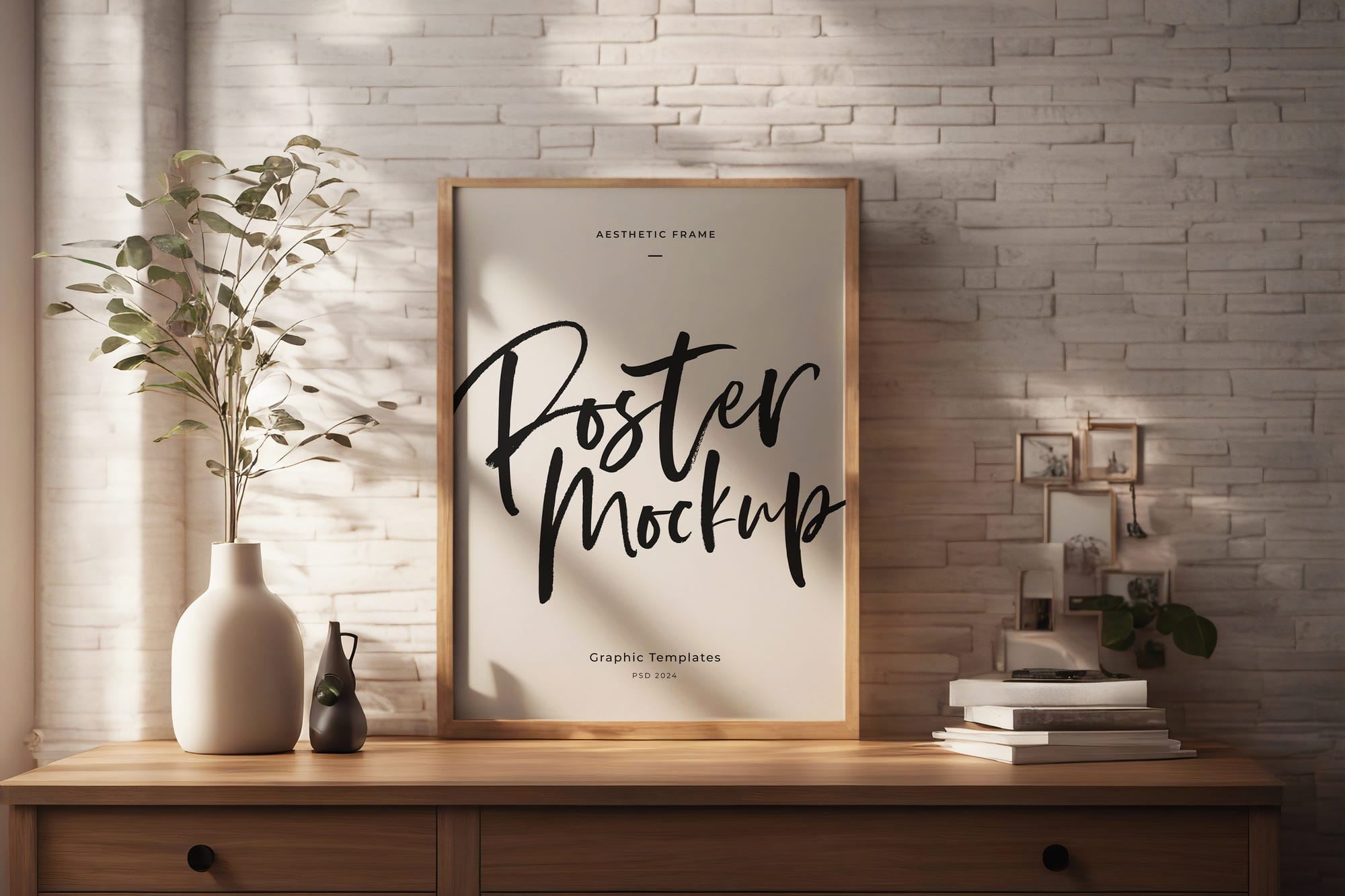 Realistic Frame Poster Mockup on Wood Drawer