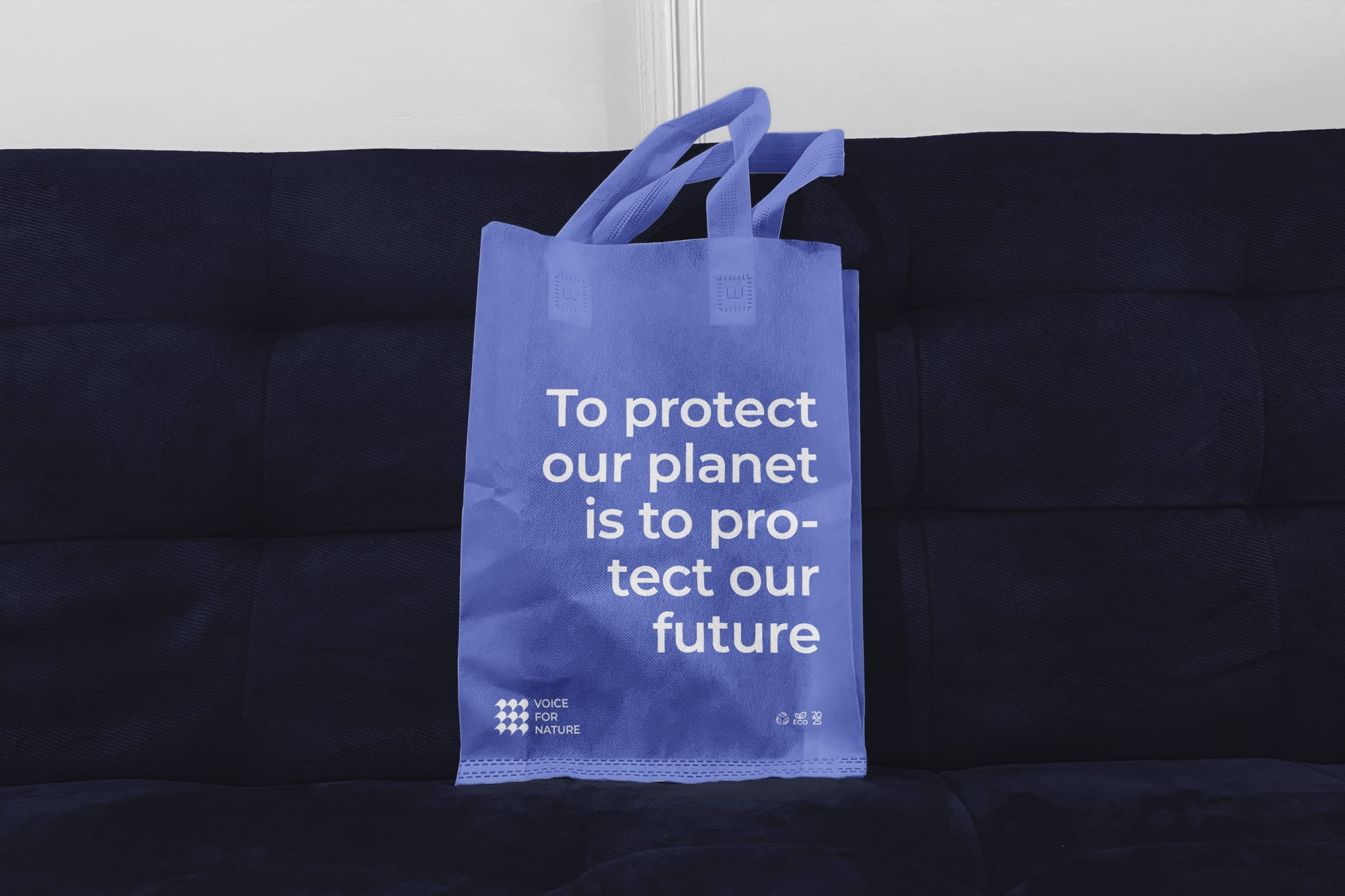 Blue Totebag Mockup on Sofa
