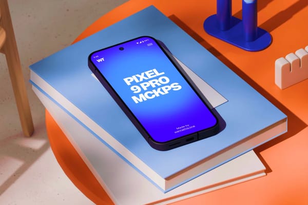 Google Pixel phone mockup on books