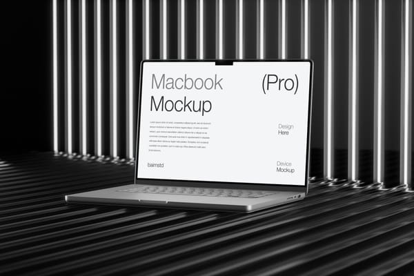 MacBook Mockup on a Dark Striped Metallic Surface Background