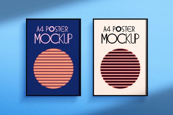 Frame A4 Poster Mockup Hanging On Blue Background With Shades Of Shadow