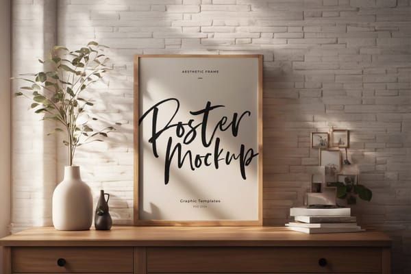 Realistic Frame Poster Mockup on Wood Drawer