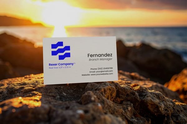 Outdoor Business Card Mockup on Rocky Shore at Sunset